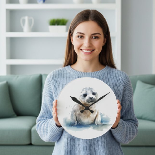 Relógio Redondo Foca Filhote Encantadora em Aquarela (Criador carregado)