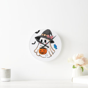Relógio Redondo Fofa Fantasma Kawaii de Halloween com Chapéu de Br