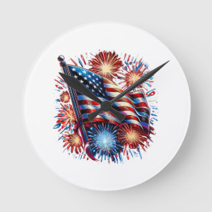 Relógio Redondo Fogos de Artifício Patrióticos da Bandeira America