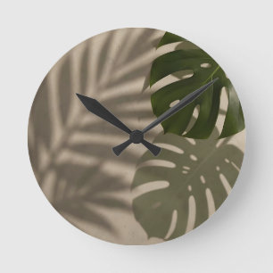 Relógio Redondo Folha Tropical Minimalista de Monstera Verde Sombr