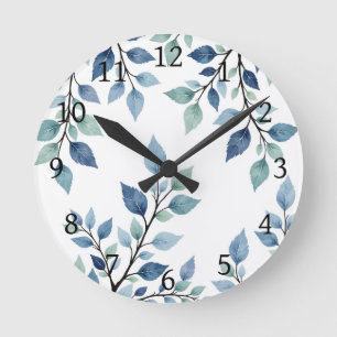 Relógio Redondo Folhas de Aquarela Azul Verde Design Botânico 376