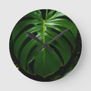 Relógio Redondo Folhas de Monstera Dourado Glamour da Selva