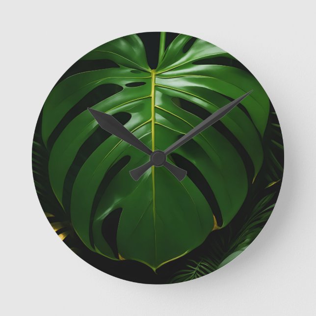 Relógio Redondo Folhas de Monstera Dourado Glamour da Selva (Frente)