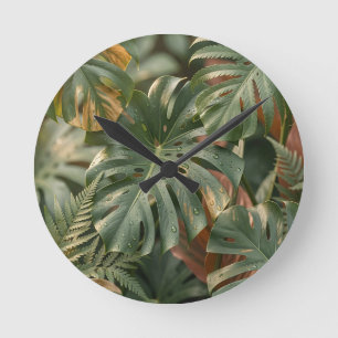 Relógio Redondo Folhas Luxuriantes de Monstera Samambaias Selva Tr