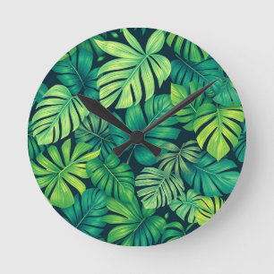 Relógio Redondo Folhas Tropicais de Monstera Padrão da Selva