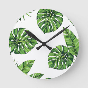 Relógio Redondo Folhas Tropicais de Monstera Padrão Sem Costura Ve