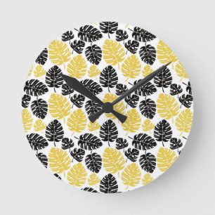 Relógio Redondo Folhas tropicais em preto e Dourado