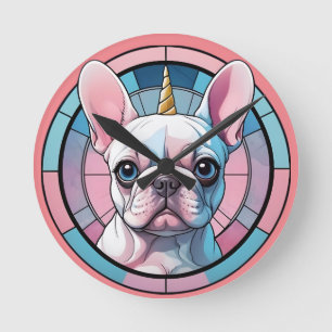 Relógio Redondo Folheto Francês Cachorro-Branco Pastel Unicorn Vid