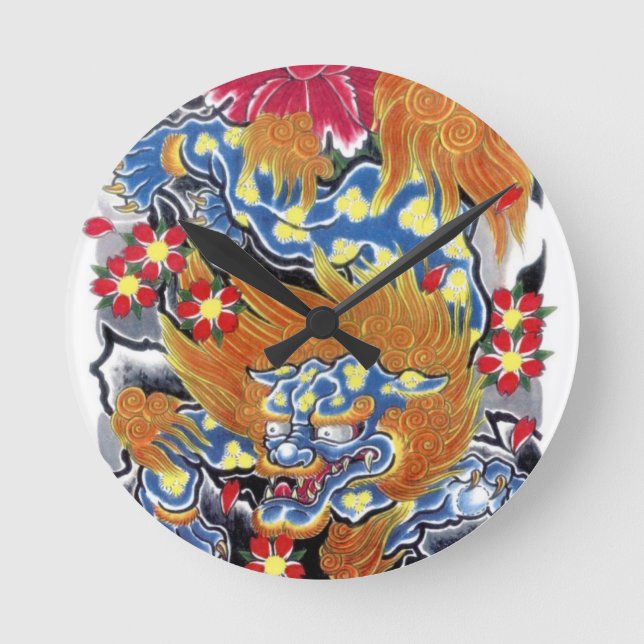Relógio Redondo Foo Dog & Sakura (Frente)