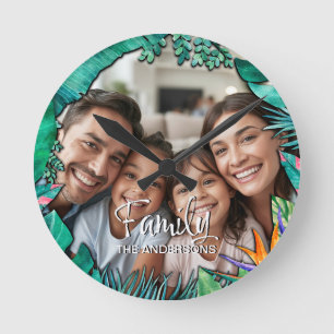 Relógio Redondo Foto de Família Personalizada Nome Tropical Aquare