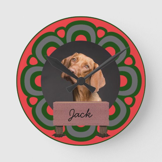 Relógio Redondo Foto personalizada de cachorro de Natal verde (Frente)