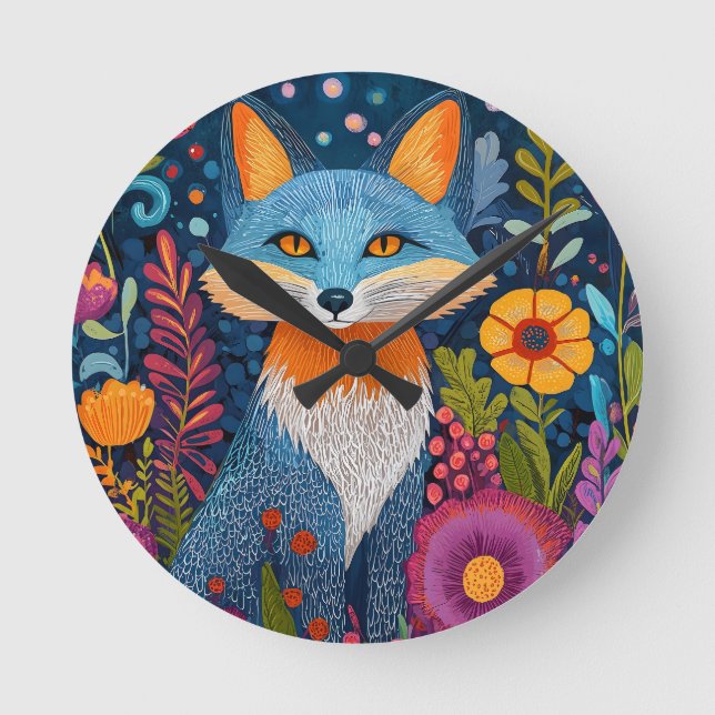 Relógio Redondo Fox Dot Art Vibrante Em Meio À Flora Esbuvada (Frente)