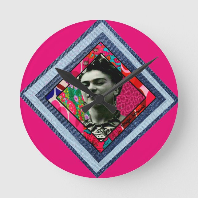 Relógio Redondo Frida Kahlo Retro Denim Diamond (Frente)