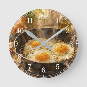 Relógio Redondo Fried Eggs in a Pan Wall Clock — Fun Kitchen Desig