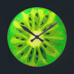 Relógio Redondo fruta de água original brilhante do kiwi pop art<br><div class="desc">Uma fatia vibrante e colorida de fruta kiwi de uma pintura original do artista Sacha Grossel. Esta grande fruta do estilo pop é verde e muito brilhante e colorida contra um fundo amarelo personalizável. Quirky e original.</div>