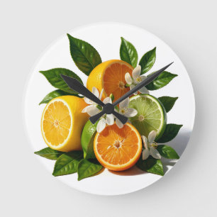 Relógio Redondo Frutas Cítricas Vibrantes Flores Realistas