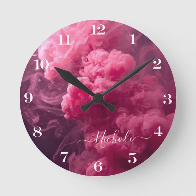 Relógio Redondo Fumaça Rosa Personalizada (Frente)
