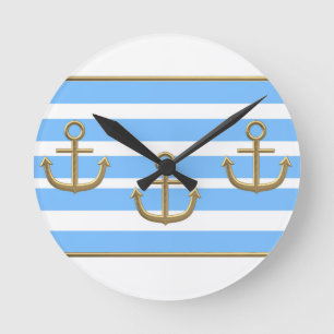 Relógio Redondo fundo branco azul da âncora dourada