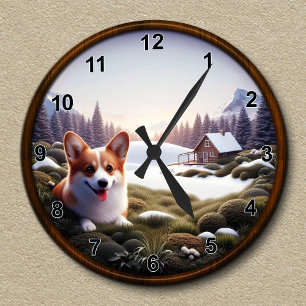 Relógio Redondo Fundo Cênico de Corgi de Cute Personalizável