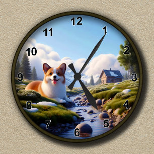 Relógio Redondo Fundo Cênico de Corgi de Cute Personalizável