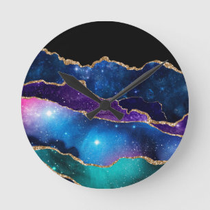 Relógio Redondo Galáxia de Pedra de Agato Marmoreado Faux Brilhan