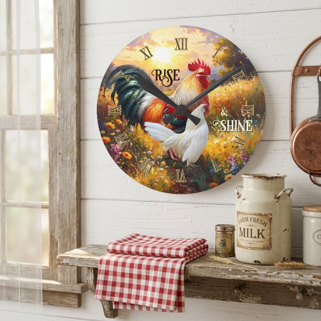 Relógio Redondo Galo Colorido de Acordar (Rise and shine wall clock featuring a colorful painting of two roosters at sunrise)