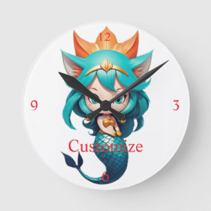 Relógio Redondo Gatinha Fofa Sereia Thunder_Cove