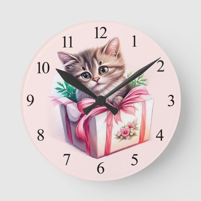 Relógio Redondo Gatinho Bonito num Presente de Aniversário de Caix (Frente)
