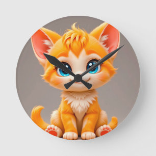Relógio Redondo Gatinho de desenho animado laranja fofo