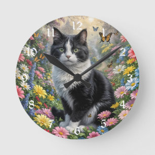 Relógio Redondo Gatinho no jardim de flores
