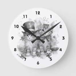 Relógio Redondo Gatinhos pretos e brancos com arco e chapéu fofo