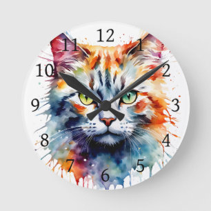 Relógio Redondo Gato aquarela Multicolor arte de respingo