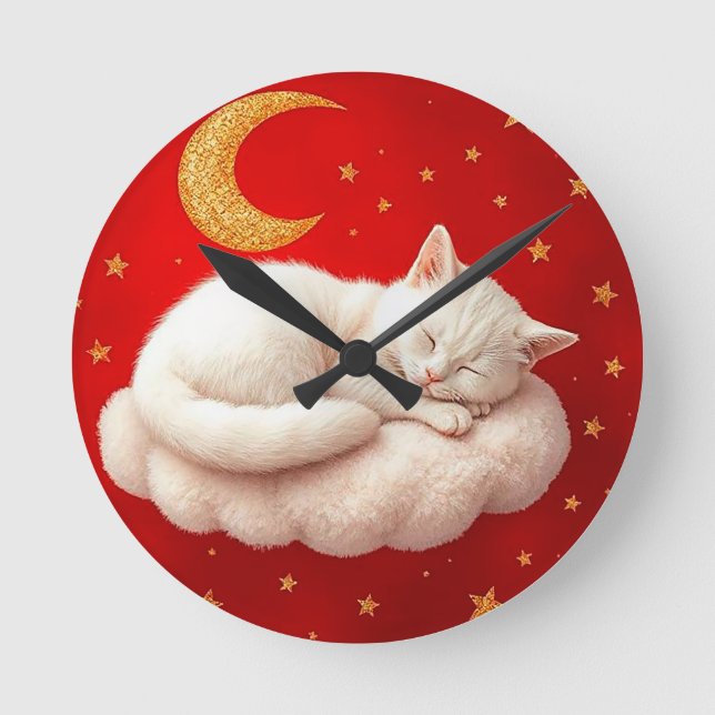 Relógio Redondo Gato branco adorável (Frente)