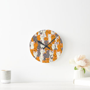 Relógio Redondo Gato branco malhado de laranja padrão diagonal