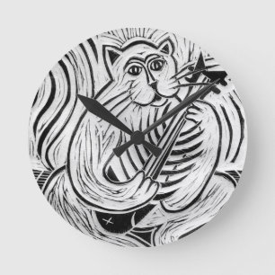 Relógio Redondo Gato com Violão de Peixe