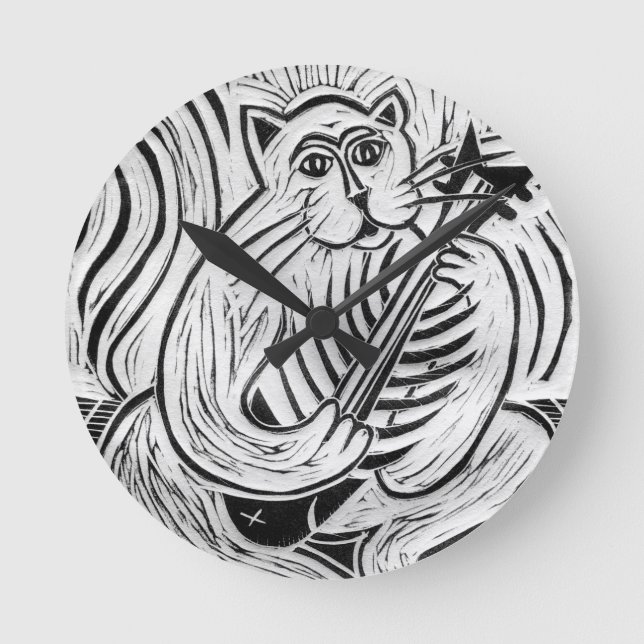 Relógio Redondo Gato com Violão de Peixe (Frente)