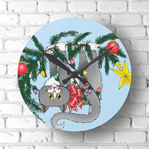 Relógio Redondo Gato de Árvore de Natal