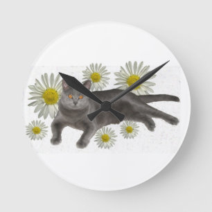 Relógio Redondo Gato de Chartreux com margaridas
