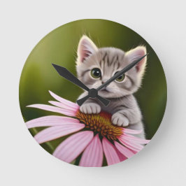 Relógio Redondo Gato-de-cinza fofo e floral