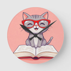 Relógio Redondo Gato de desenho animado fofo usando óculos