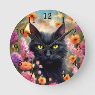 Relógio Redondo Gato de Flores de Gato Negro 736