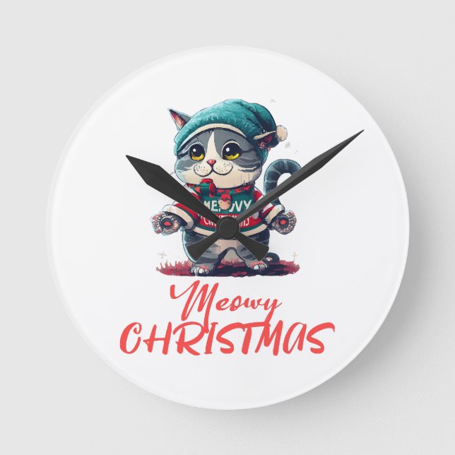Relógio Redondo Gato de Natal  (Frente)