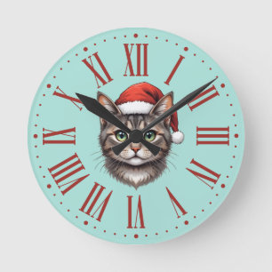 Relógio Redondo Gato de Natal Fofo com Chapéu de Papai Noel Algari