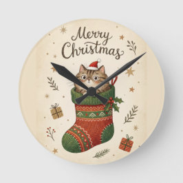 Relógio Redondo Gato de Natal na Meia