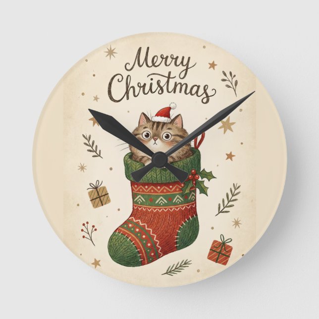 Relógio Redondo Gato de Natal na Meia (Frente)