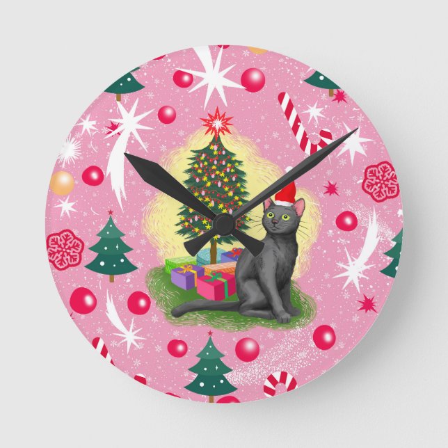 Relógio Redondo Gato de Natal Rosa (Frente)