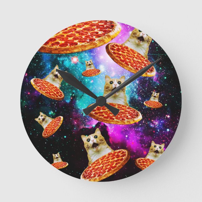 Relógio Redondo Gato de pizza espacial engraçado (Frente)