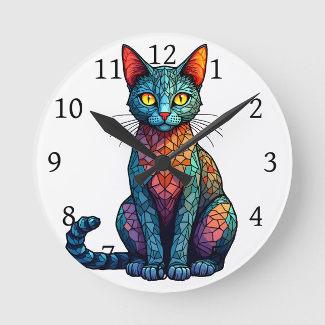 Relógio Redondo Gato de Vidro Manchado Multicolorido 784 (Frente)