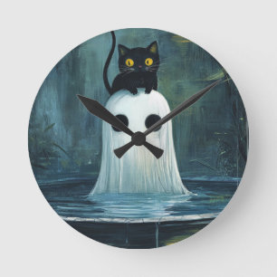 Relógio Redondo Gato Halloween e Fantasma na Piscina
