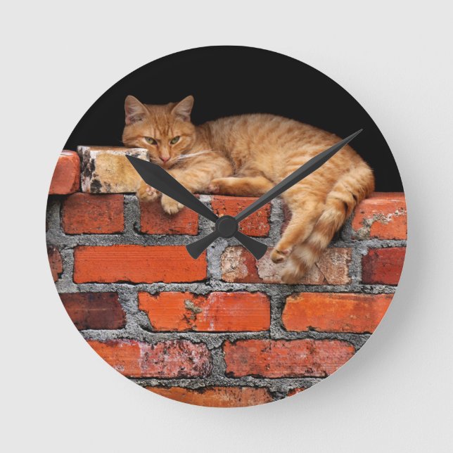 Relógio Redondo Gato na Parede Brick (Frente)